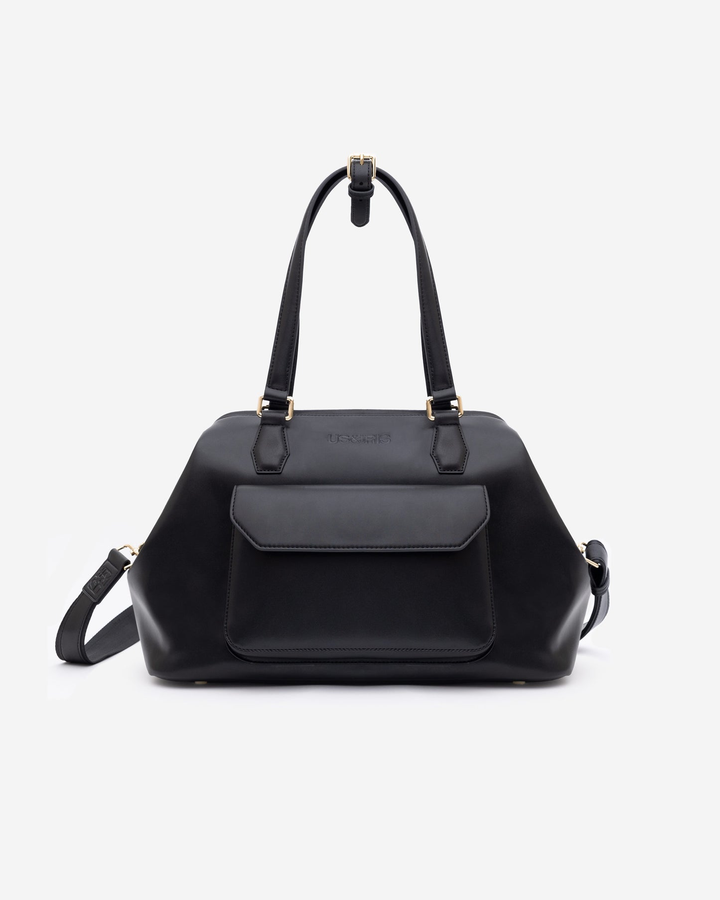 US & IRIS Noir Mirage Crossbody HandbagCamera Bag ā chic black leather crossbody with gold hardware, designed for photographers, content creators, and modern creatives seeking a stylish and functional camera handbag.
