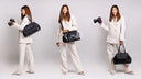 Noir Mirage vegan stylish camera bag in black – a chic unisex crossbody handbag designed for professional photographers, filmmakers, and content creators. Features adjustable padded dividers for DSLR and mirrorless cameras, offering fashionable luxury style with discreet everyday functionality. 