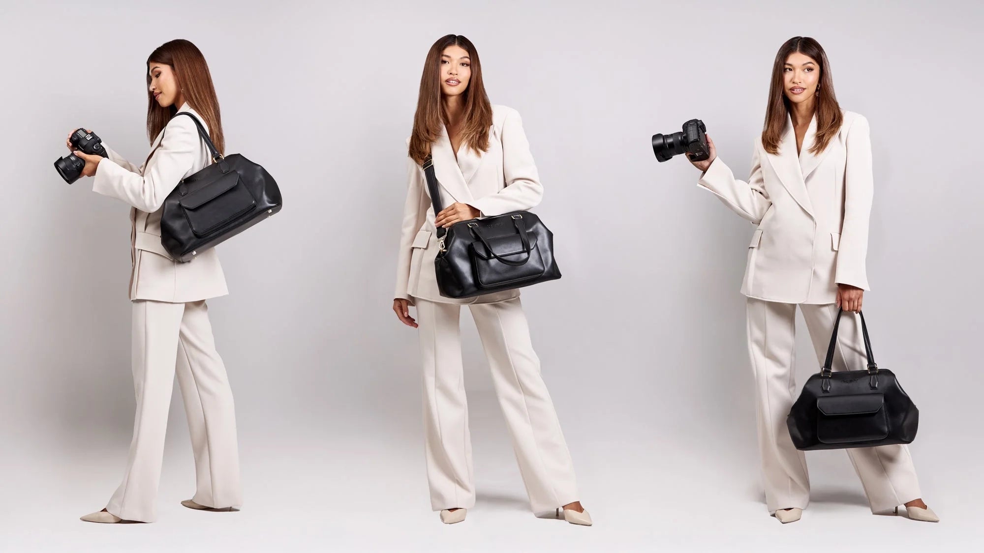 Noir Mirage vegan stylish camera bag in black – a chic unisex crossbody handbag designed for professional photographers, filmmakers, and content creators. Features adjustable padded dividers for DSLR and mirrorless cameras, offering fashionable luxury style with discreet everyday functionality. 