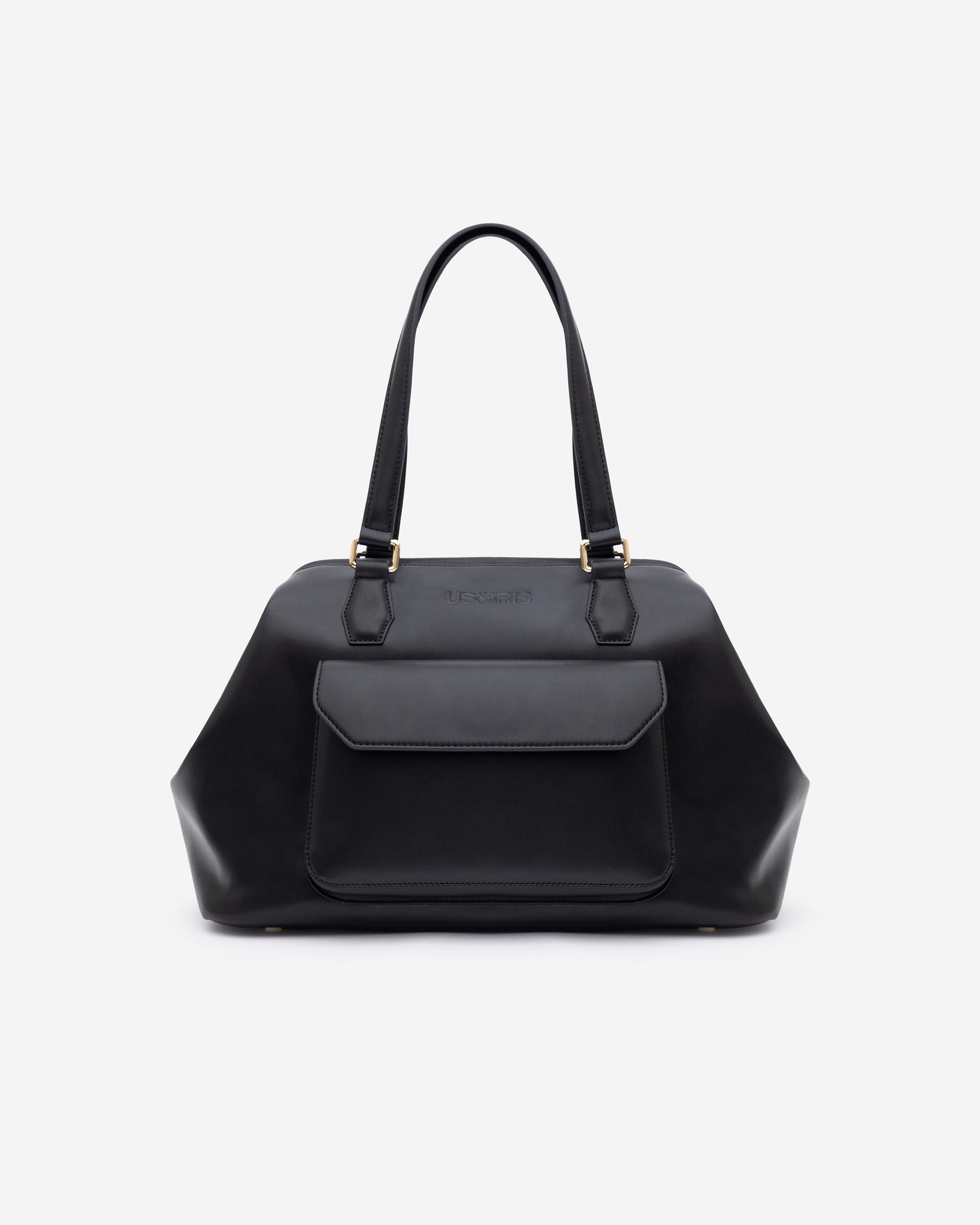 US AND IRIS Noir Mirage Camera Bag – luxury stylish black leather crossbody camera bagfor photographers, content creators, and creatives. Stylish camera handbag with gold hardware and discreet, minimalist design.