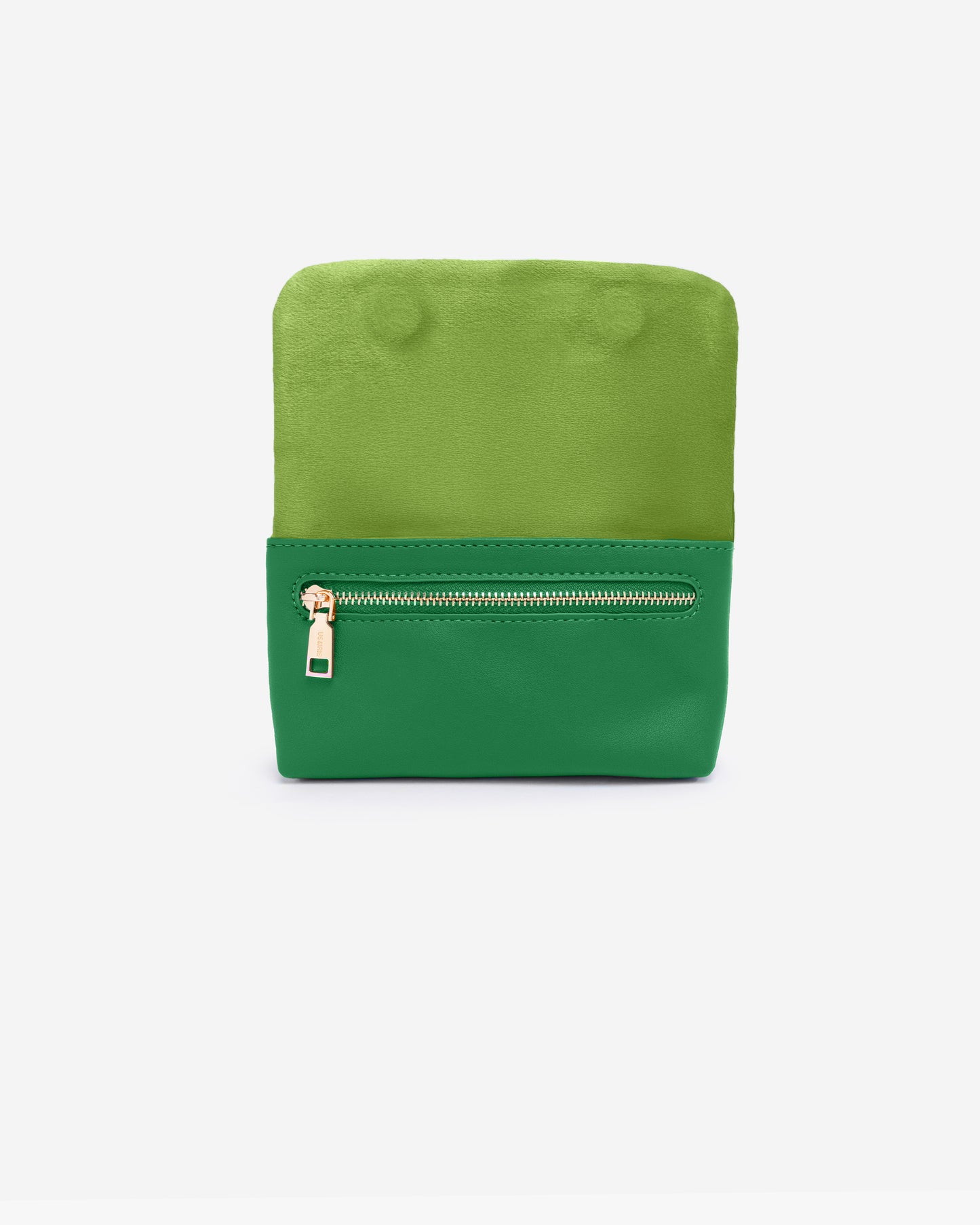 US & IRIS Noir Mirage Camera Pouch open in Emerald and Kermit Green - luxury microfibre leather camera case for digi, film, Canon G7X, and point-and-shoot cameras. Features anti-scratch suede lining, magnetic flap closure, and compact structured design. Designed to protect your camera in style while fitting seamlessly inside the US & IRIS Noir Mirage Camera Bag or used as a standalone pouch for photographers, videographers, and content creators. Gold discreet Zipper  for smaller items