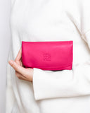 US & IRIS Noir Mirage Camera Pouch in Fuchsia - a stylish, protective camera case designed for digi cameras, film cameras, Canon G7X, and compact point-and-shoot models. Luxury leather exterior with gold detailing, anti-scratch interior lining, and secure magnetic flap closure. Perfect for photographers, videographers, and content creators seeking a fashionable yet functional camera pouch that fits seamlessly inside the US & IRIS Noir Mirage Camera Bag or can be carried on its own.